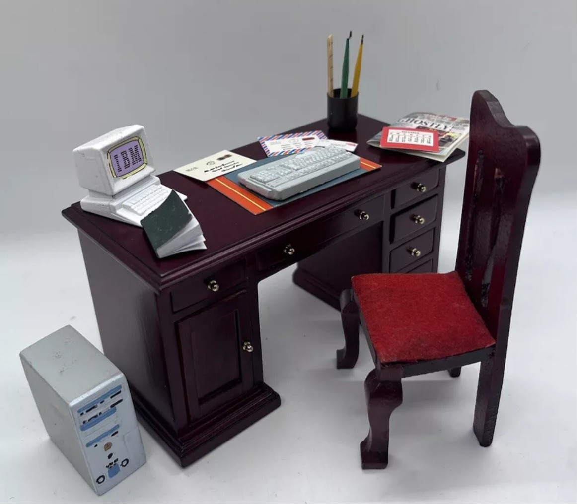 Dolls house desk, chair & all accessories.
