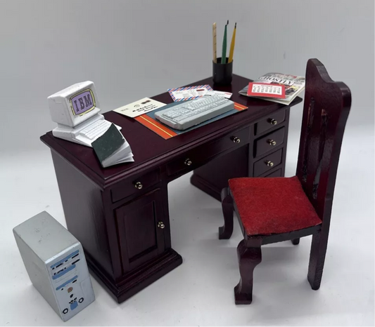 Dolls house desk, chair & all accessories.