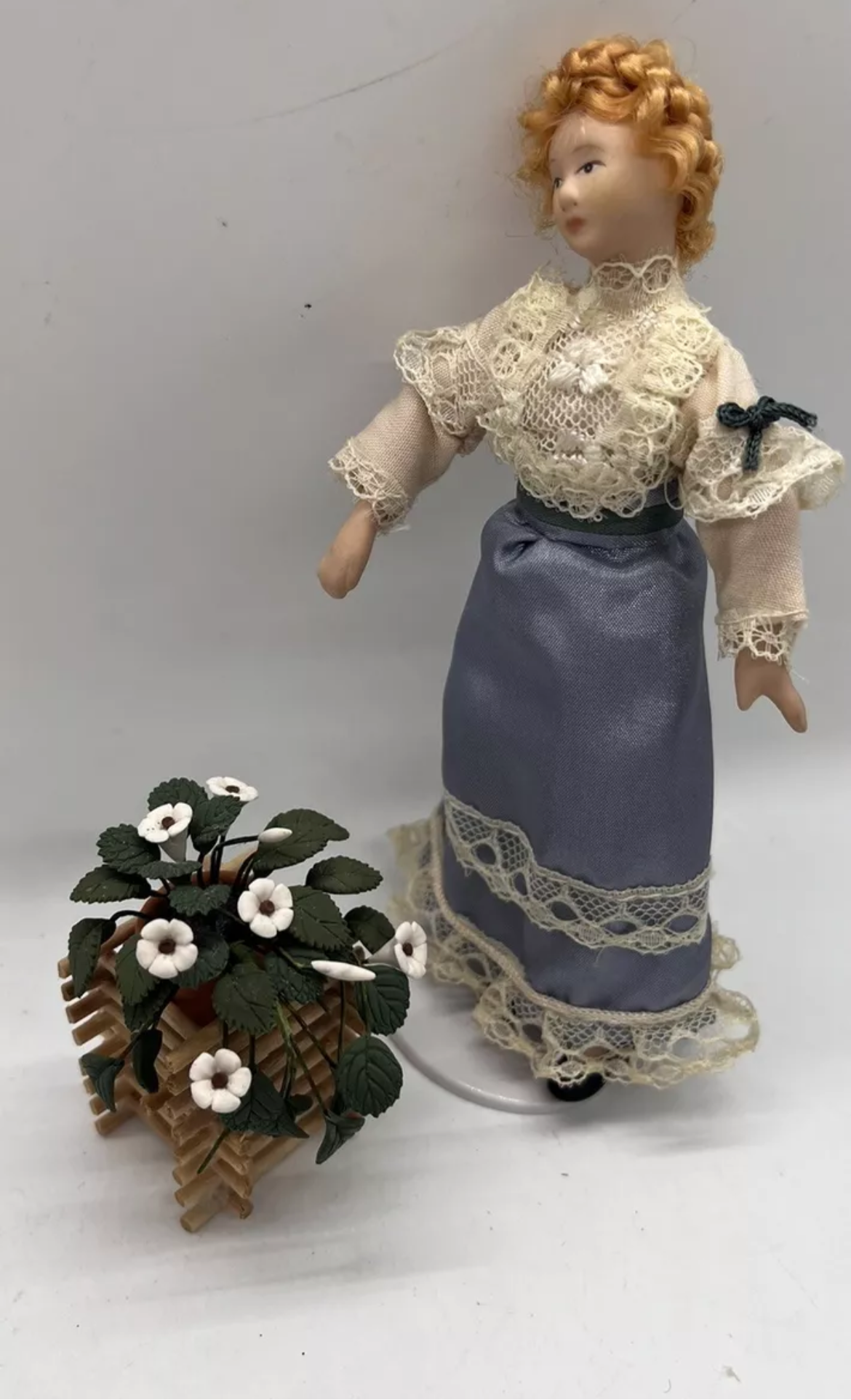 Dolls house wooden planter and flowers