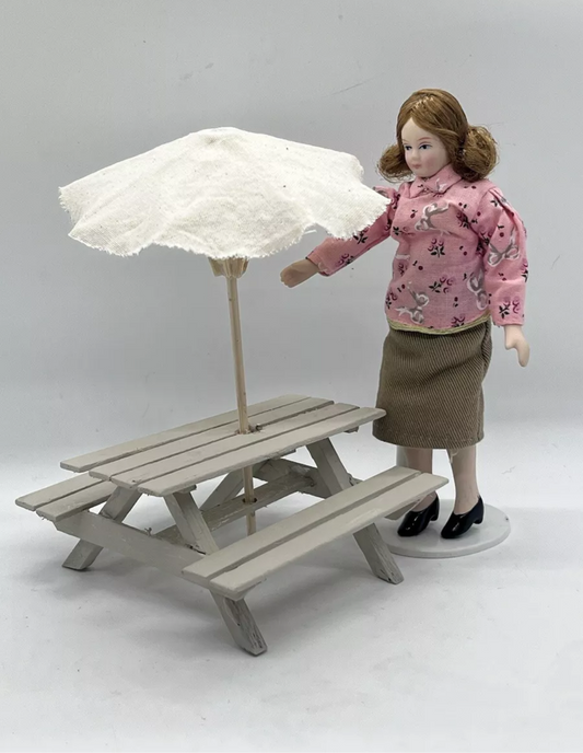 Dolls house picnic bench and parasol