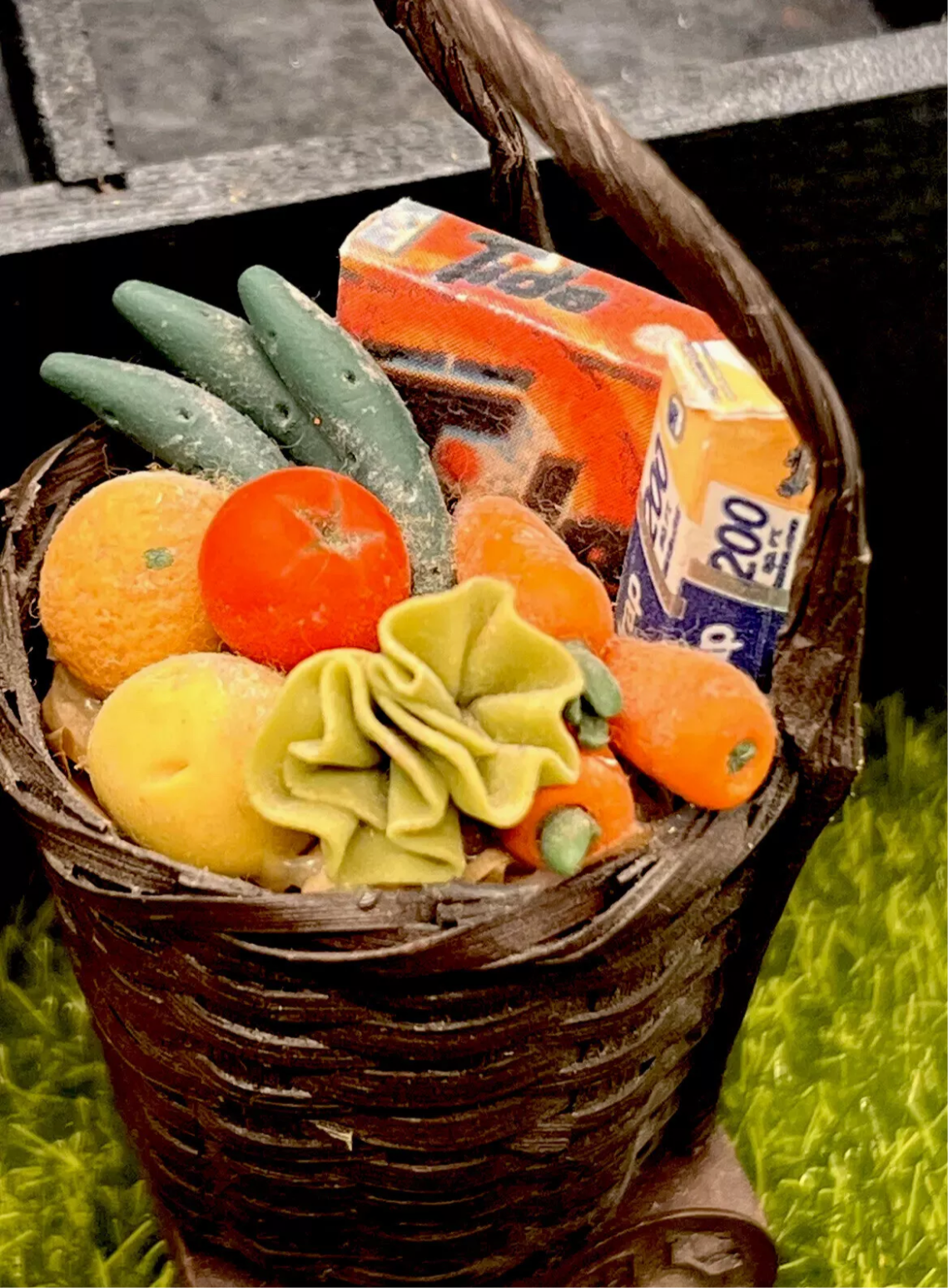 Dolls house wheeled basket trolly and shopping