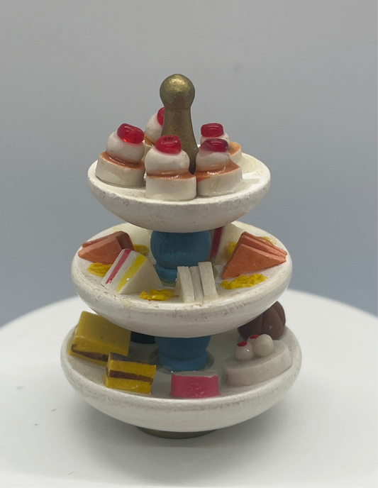 Dolls house triple wooden  cake stand and cakes