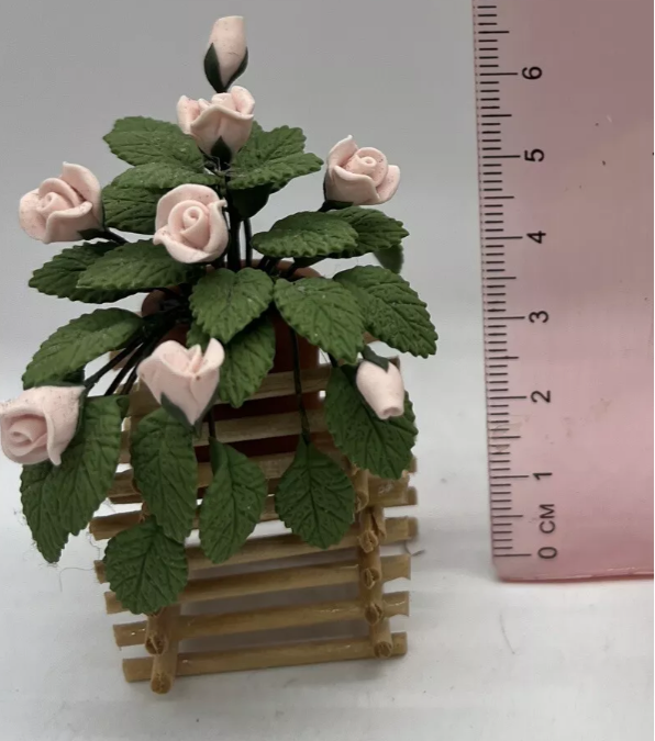 Dolls house wooden planter and flowers