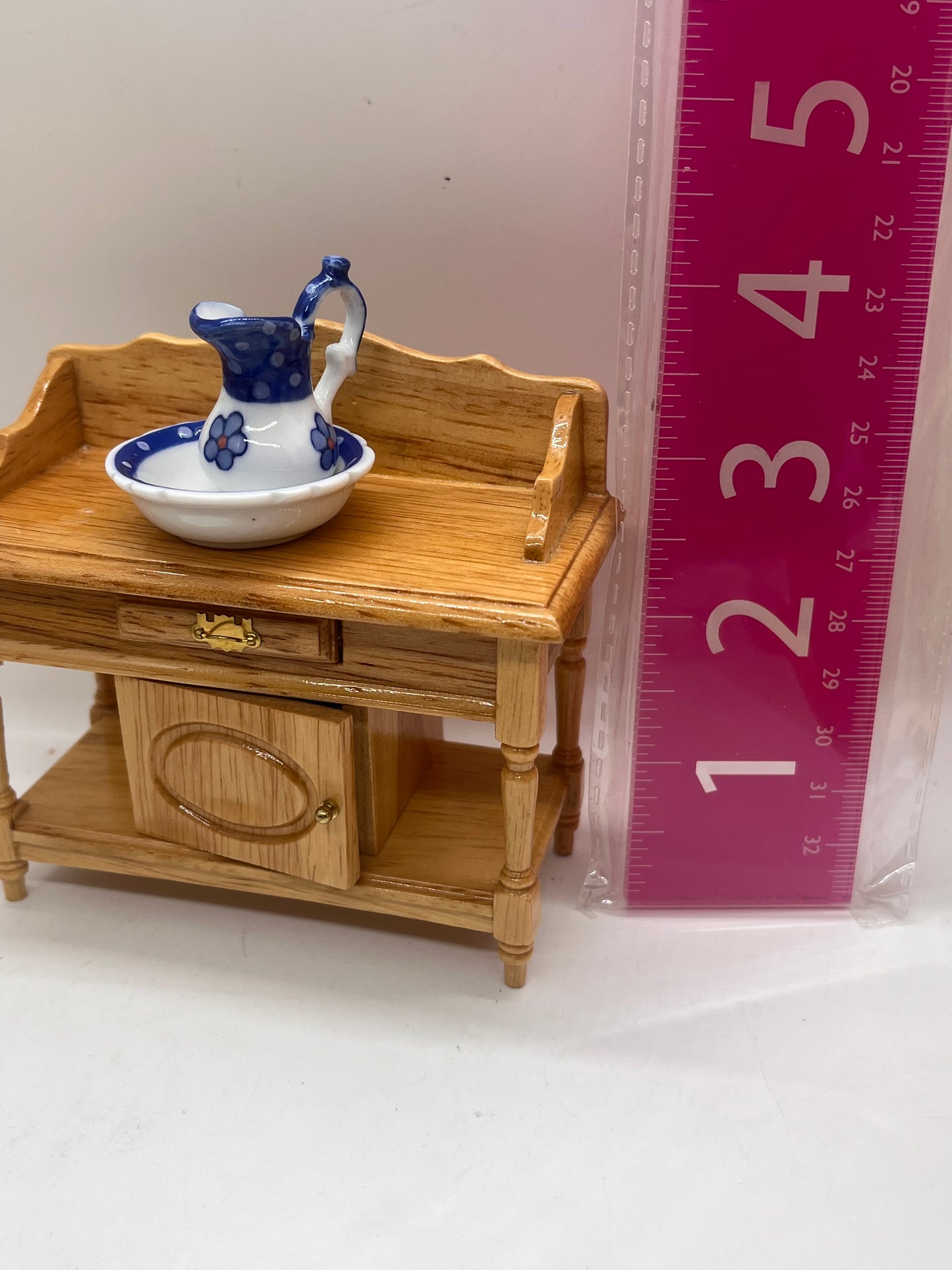 Dolls house washstand with drawer, porcelain jug and washbowl