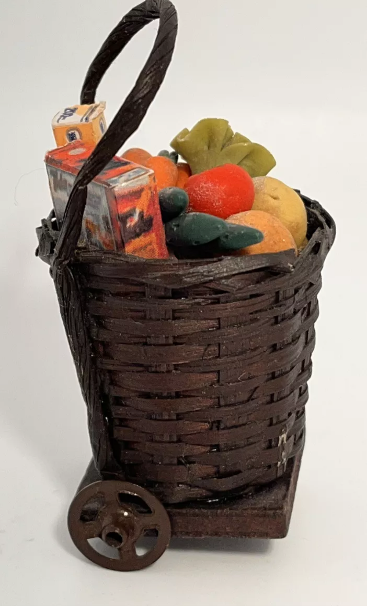 Dolls house wheeled basket trolly and shopping