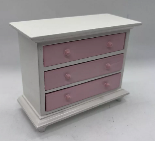 Dolls house chest of drawers pink & white