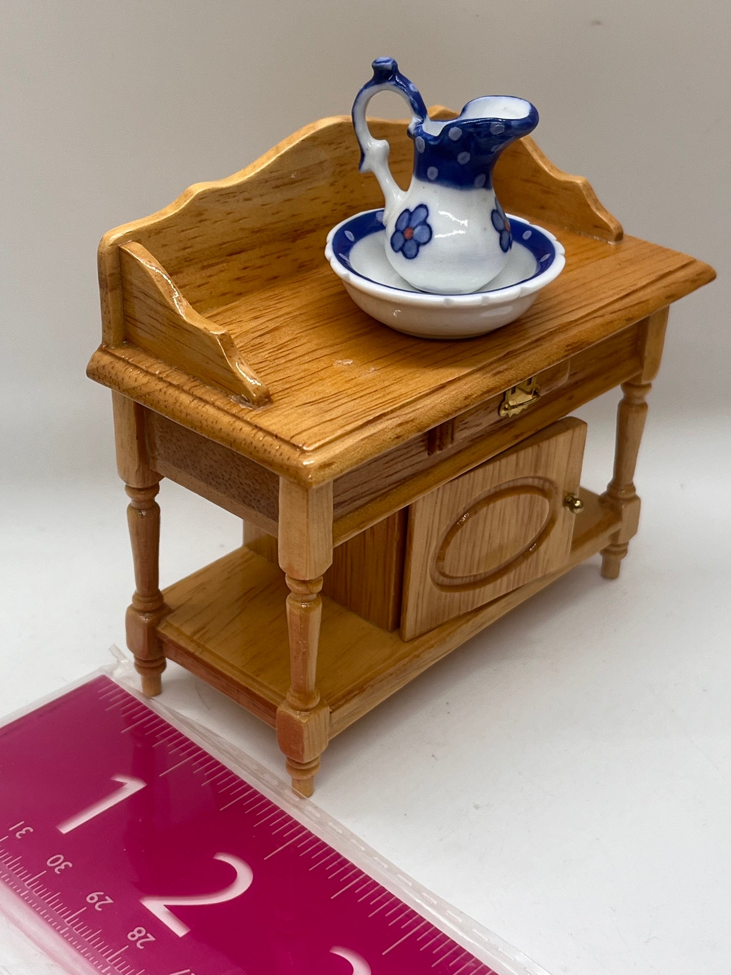 Dolls house washstand with drawer, porcelain jug and washbowl