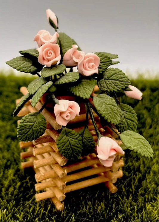 Dolls house wooden planter and flowers