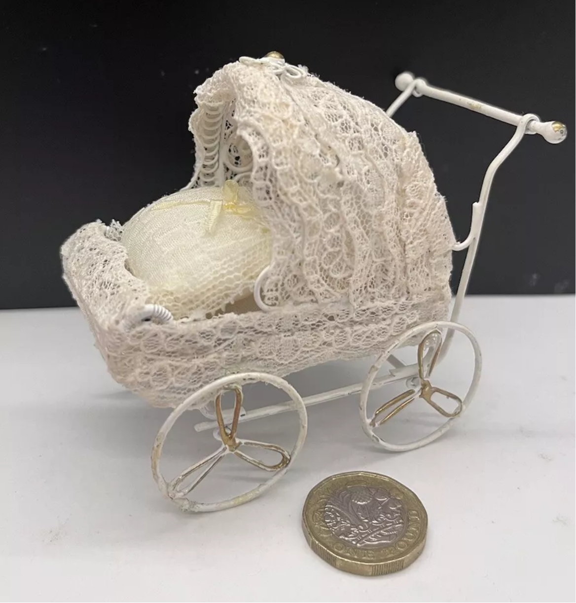 Dolls house metal pram and bedding