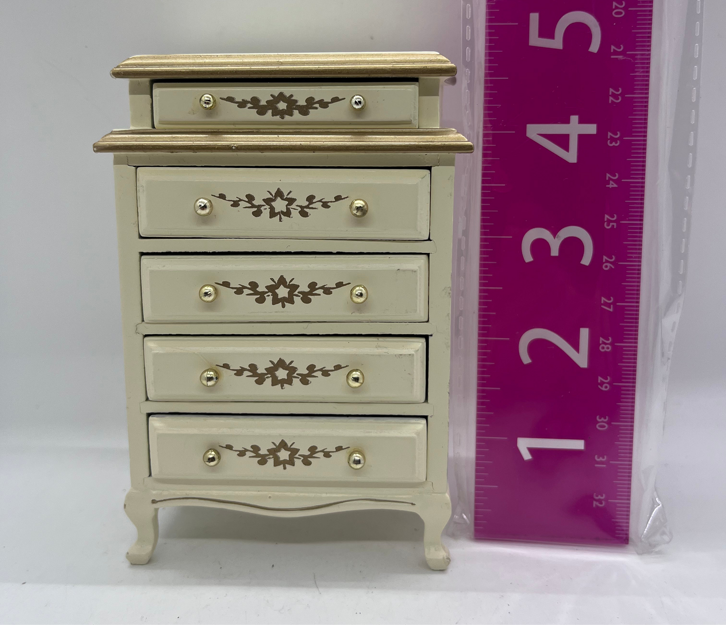 Dolls house tall chest of drawers cream and gold