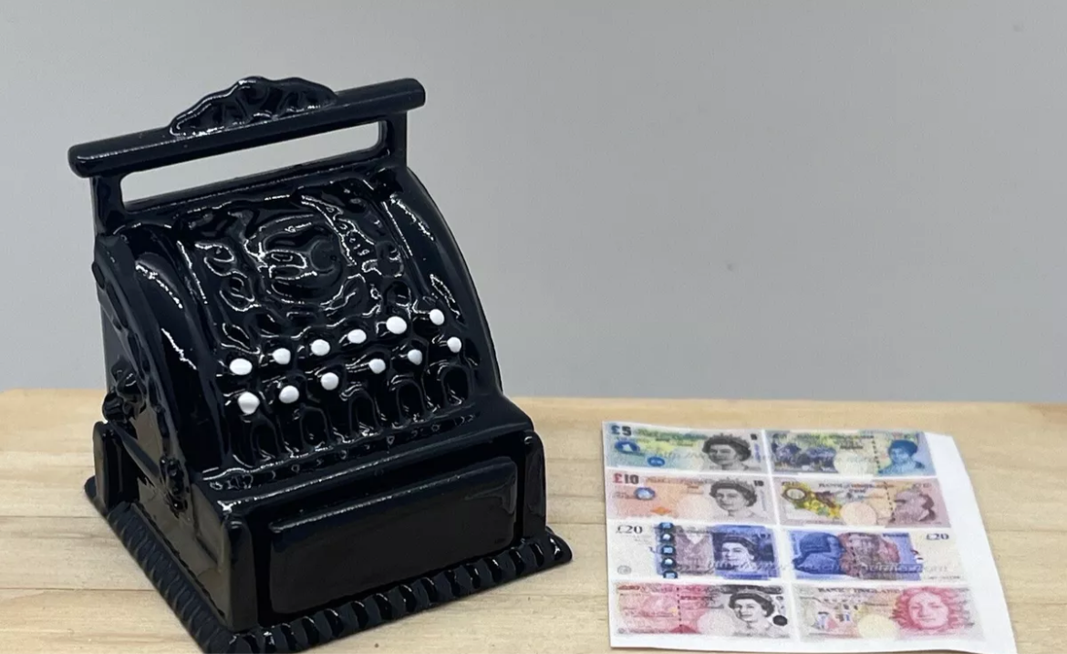 Dolls house opening shop till & money new