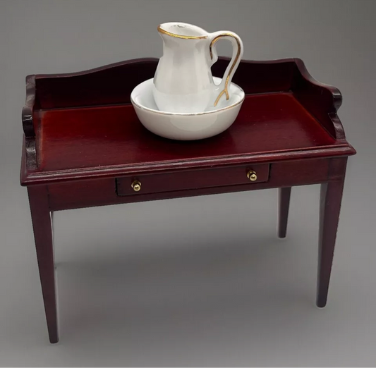 Dolls house wash stand with drawer & porcelain jug and wash bowl