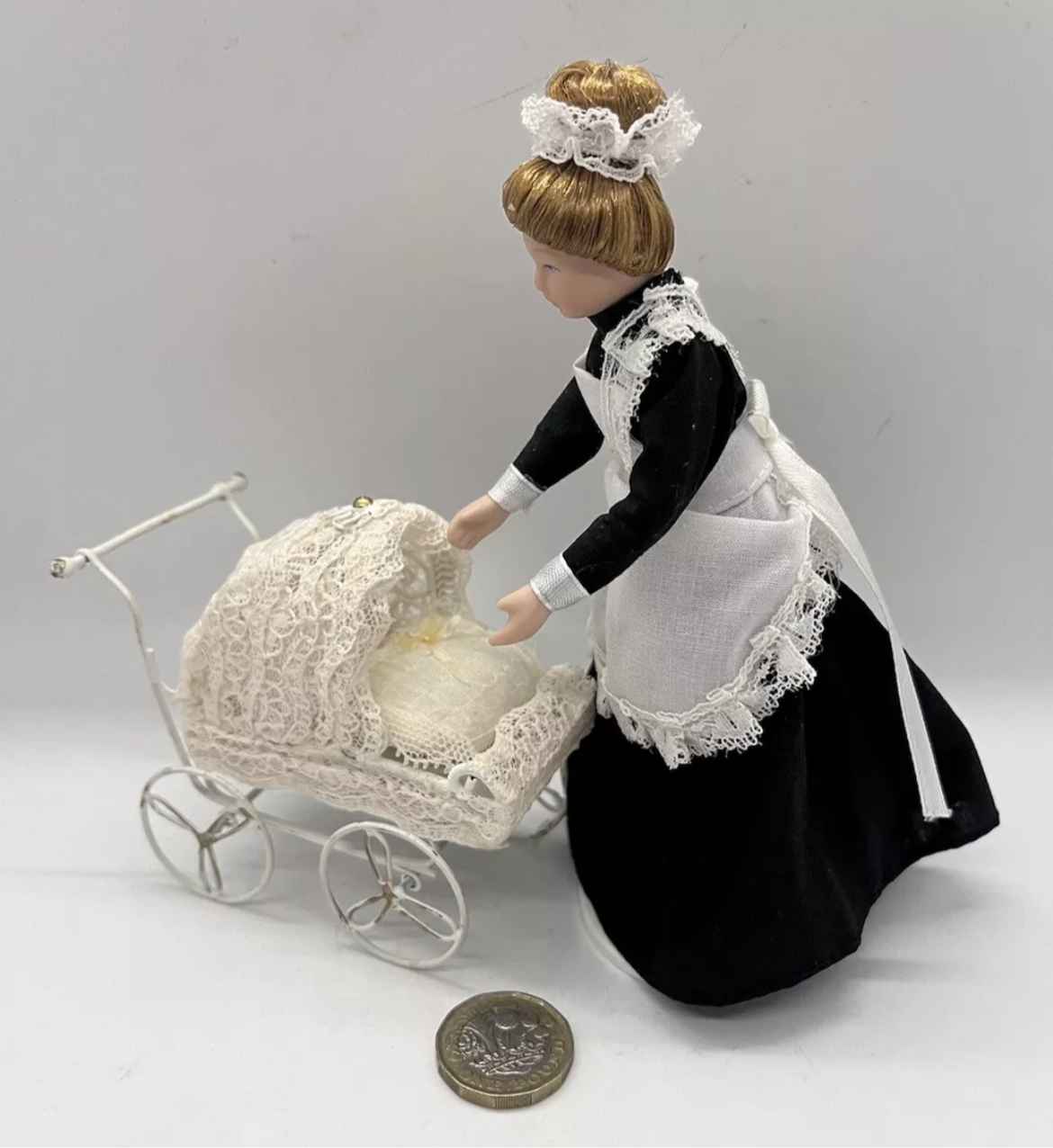 Dolls house metal pram and bedding