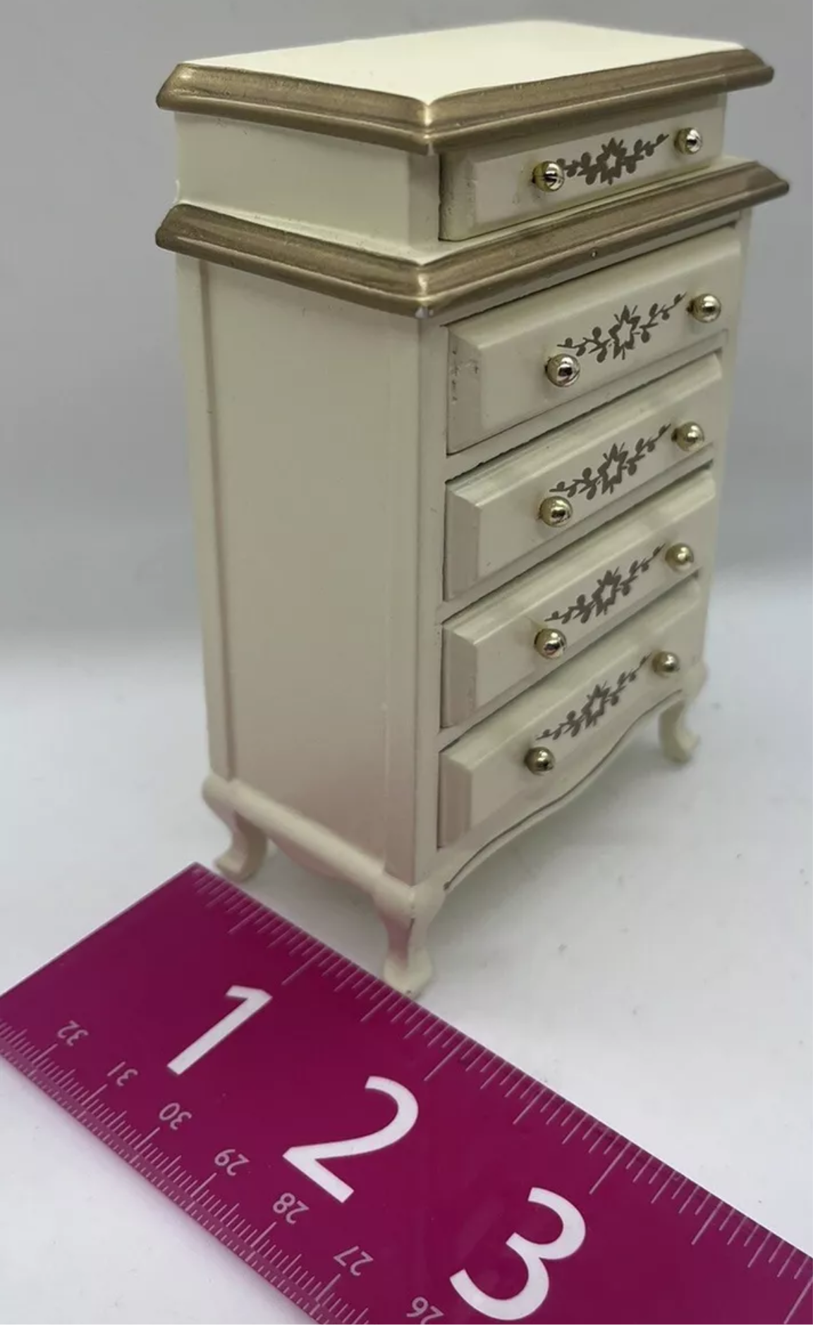 Dolls house tall chest of drawers cream and gold