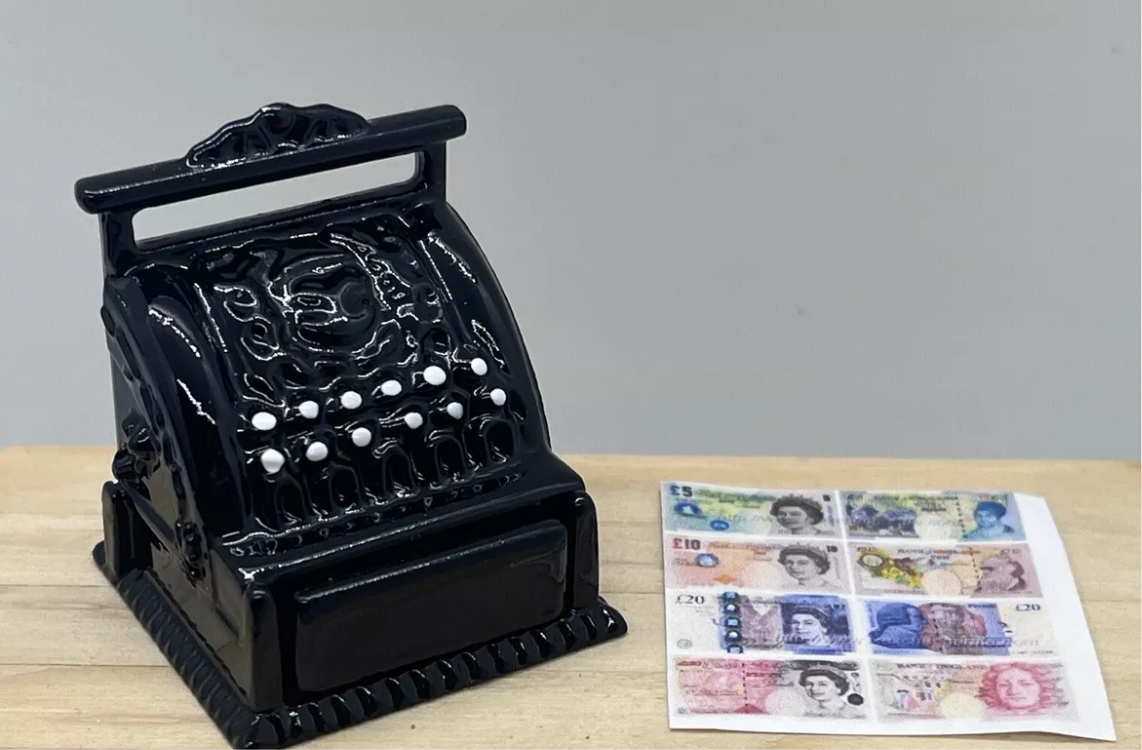 Dolls house opening shop till & money new