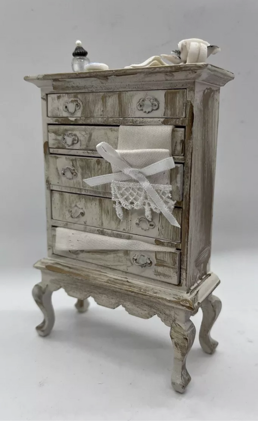 Dolls house tall chest of drawers & all fixed accessories