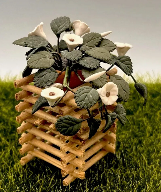 Dolls house wooden planter and flowers