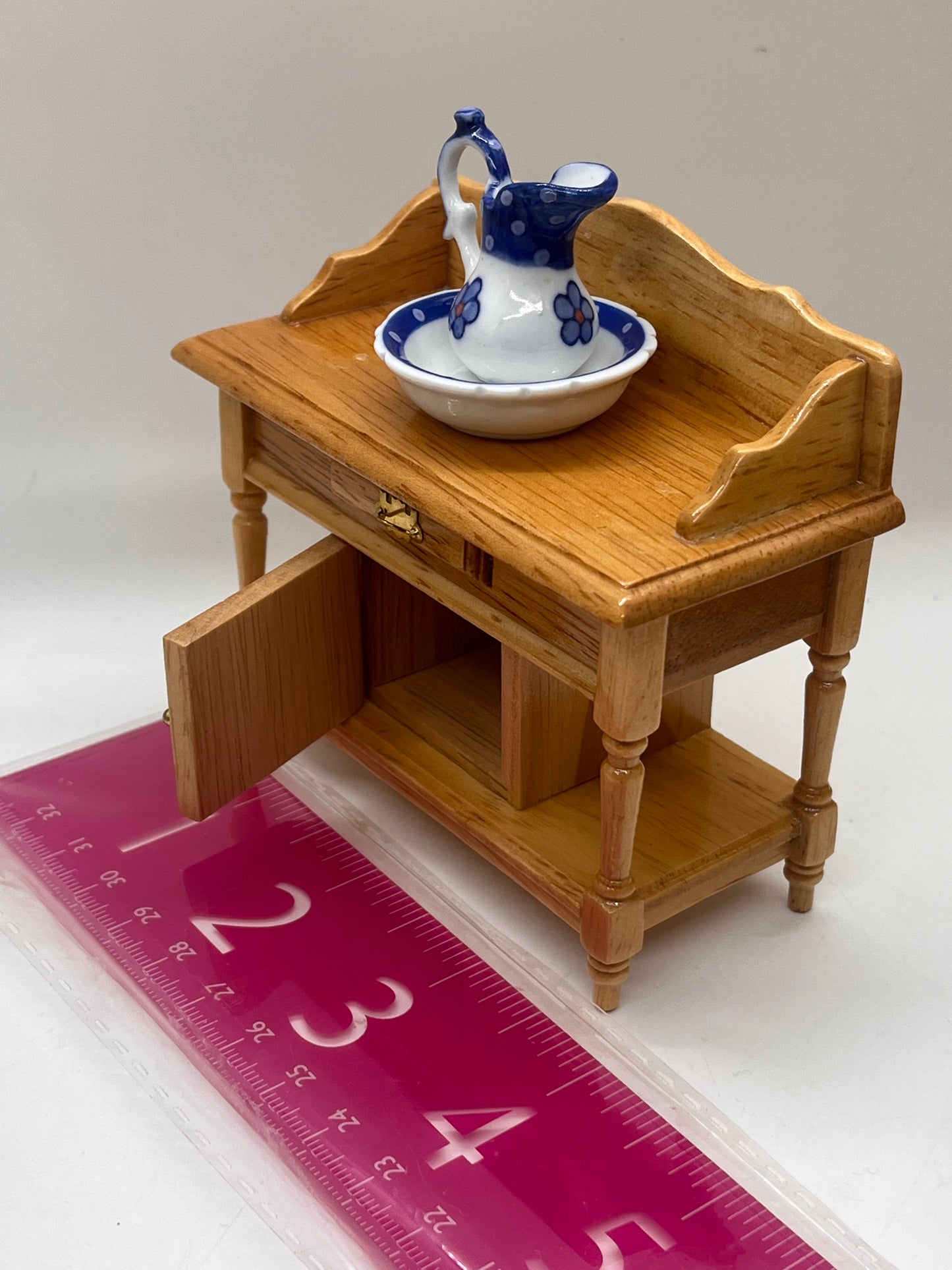 Dolls house washstand with drawer, porcelain jug and washbowl