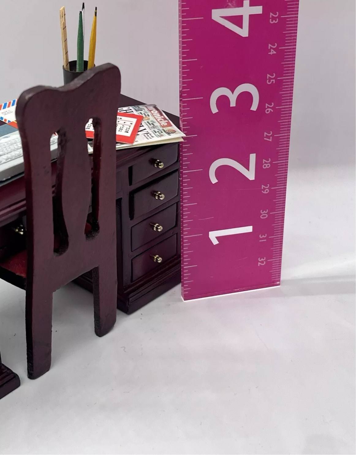 Dolls house desk, chair & all accessories.