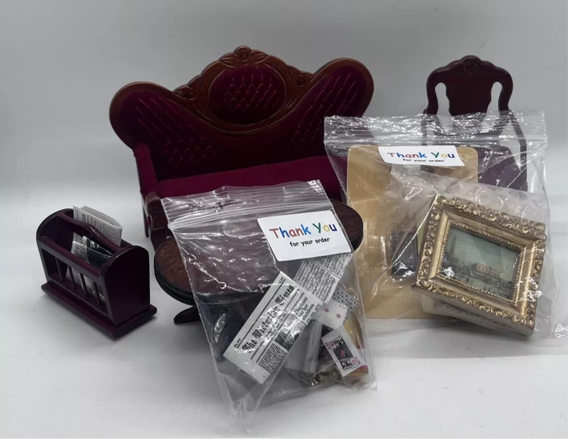 Dolls house Victorian lounge set & all accessories