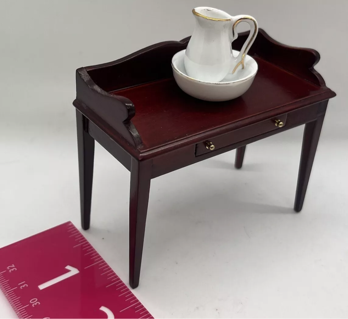 Dolls house wash stand with drawer & porcelain jug and wash bowl