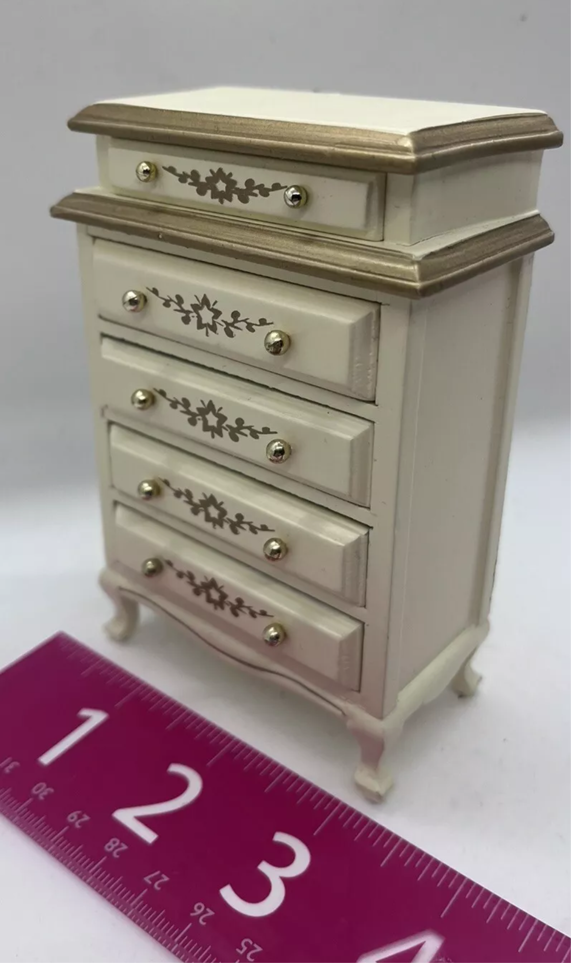 Dolls house tall chest of drawers cream and gold