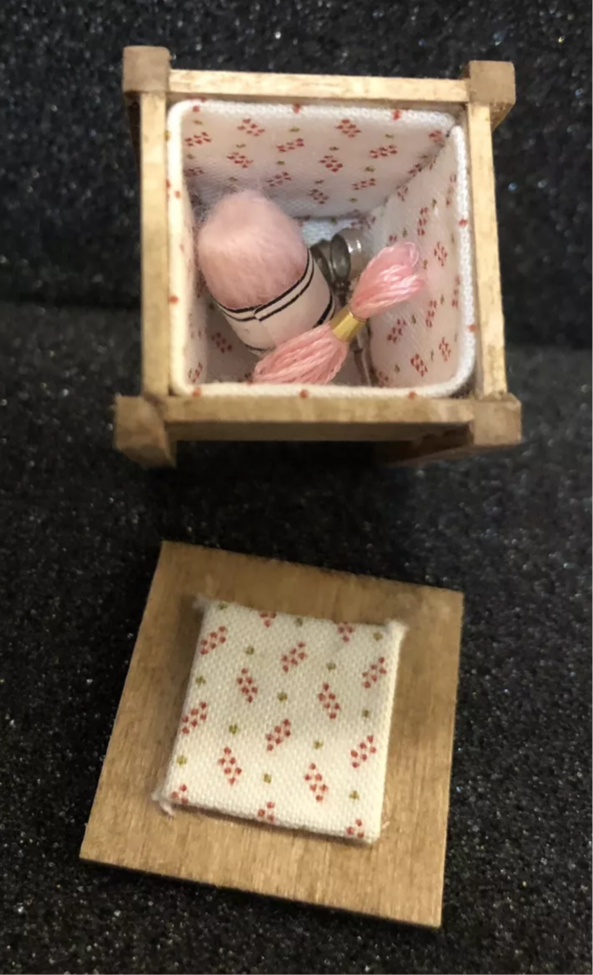 Dolls house artisan handmade sewing box and accessories