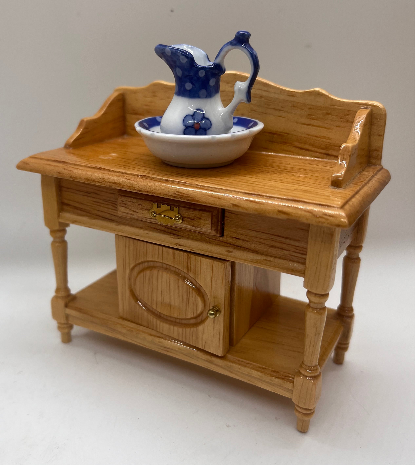 Dolls house washstand with drawer, porcelain jug and washbowl