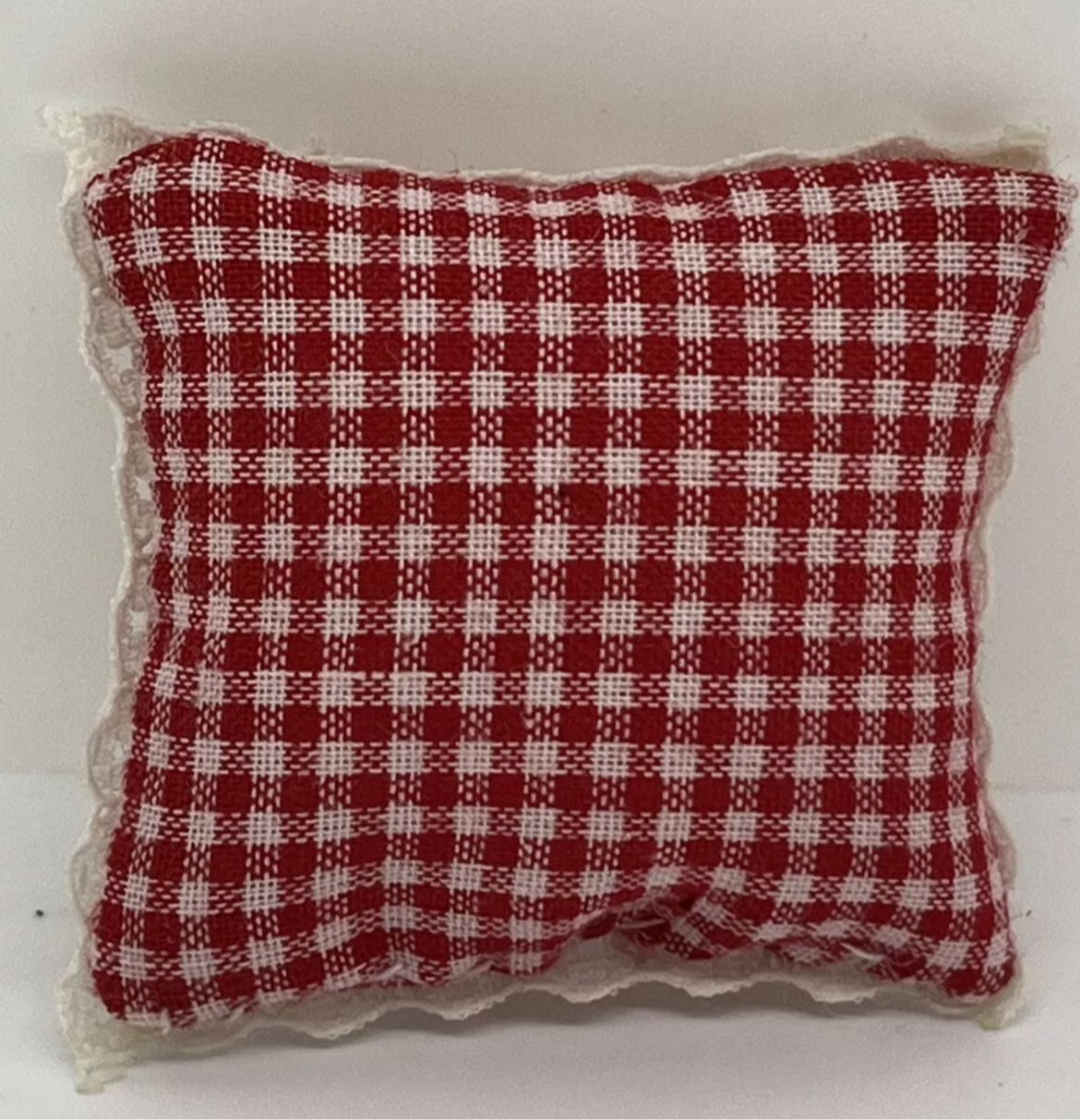 Dolls house gingham cushion with frill & bow