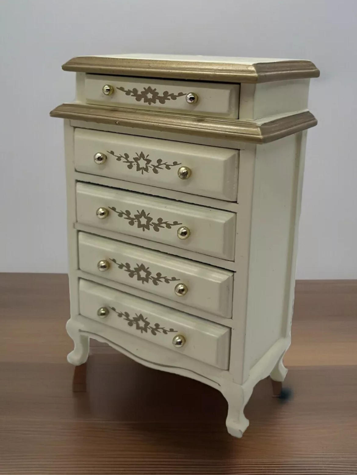 Dolls house tall chest of drawers cream and gold