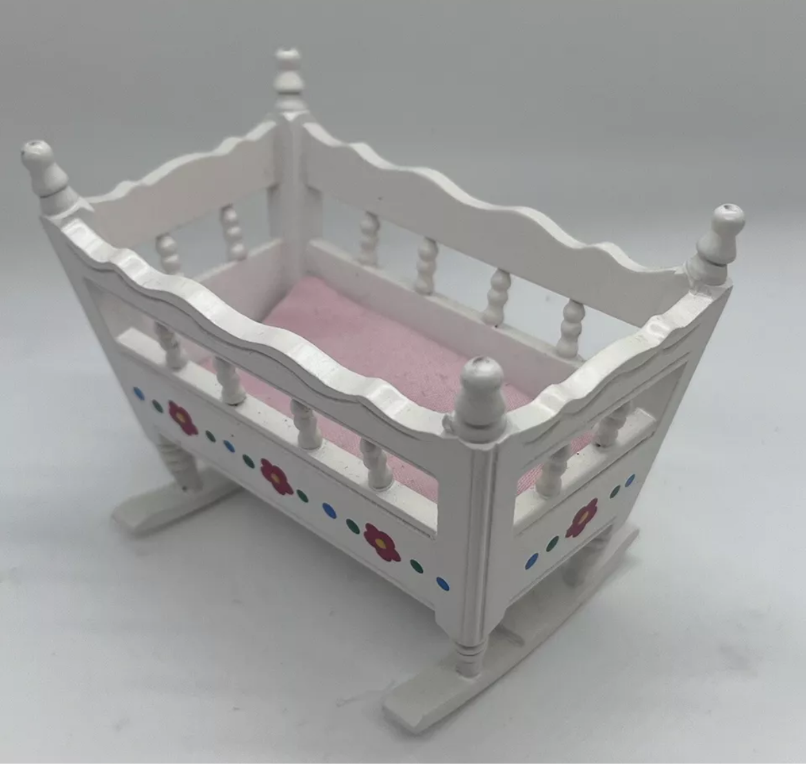 Dolls house white rocking crib cot