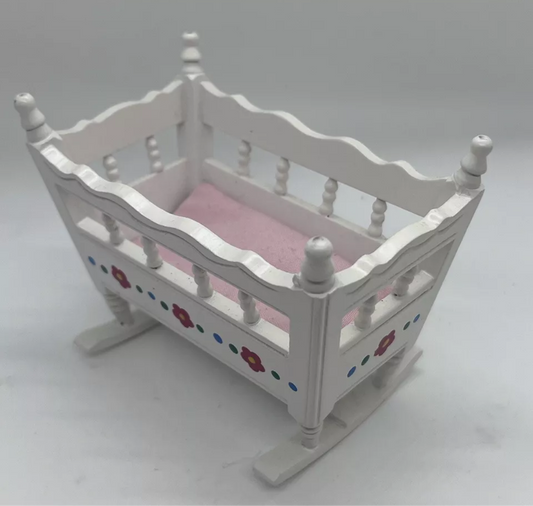 Dolls house white rocking crib cot