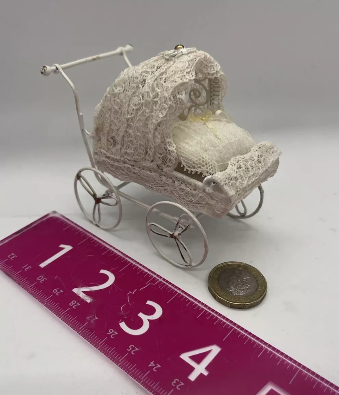Dolls house metal pram and bedding