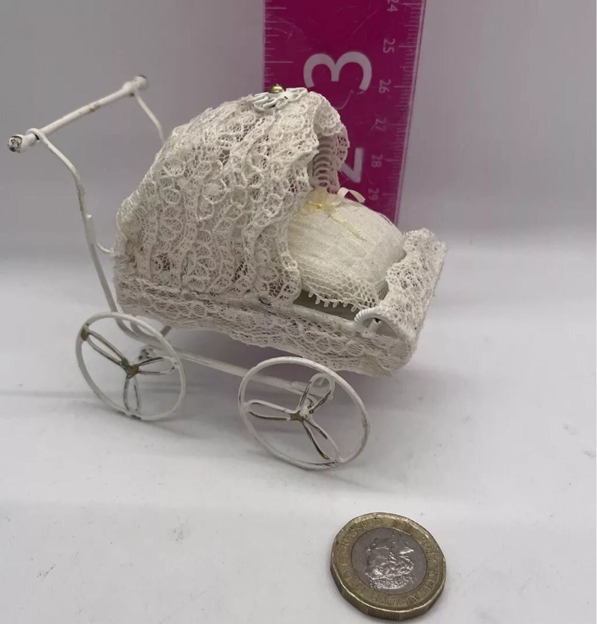 Dolls house metal pram and bedding