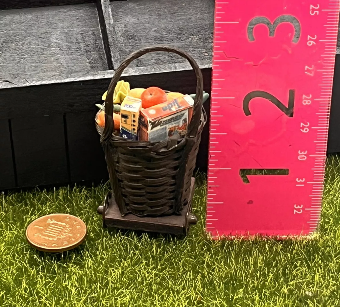 Dolls house wheeled basket trolly and shopping