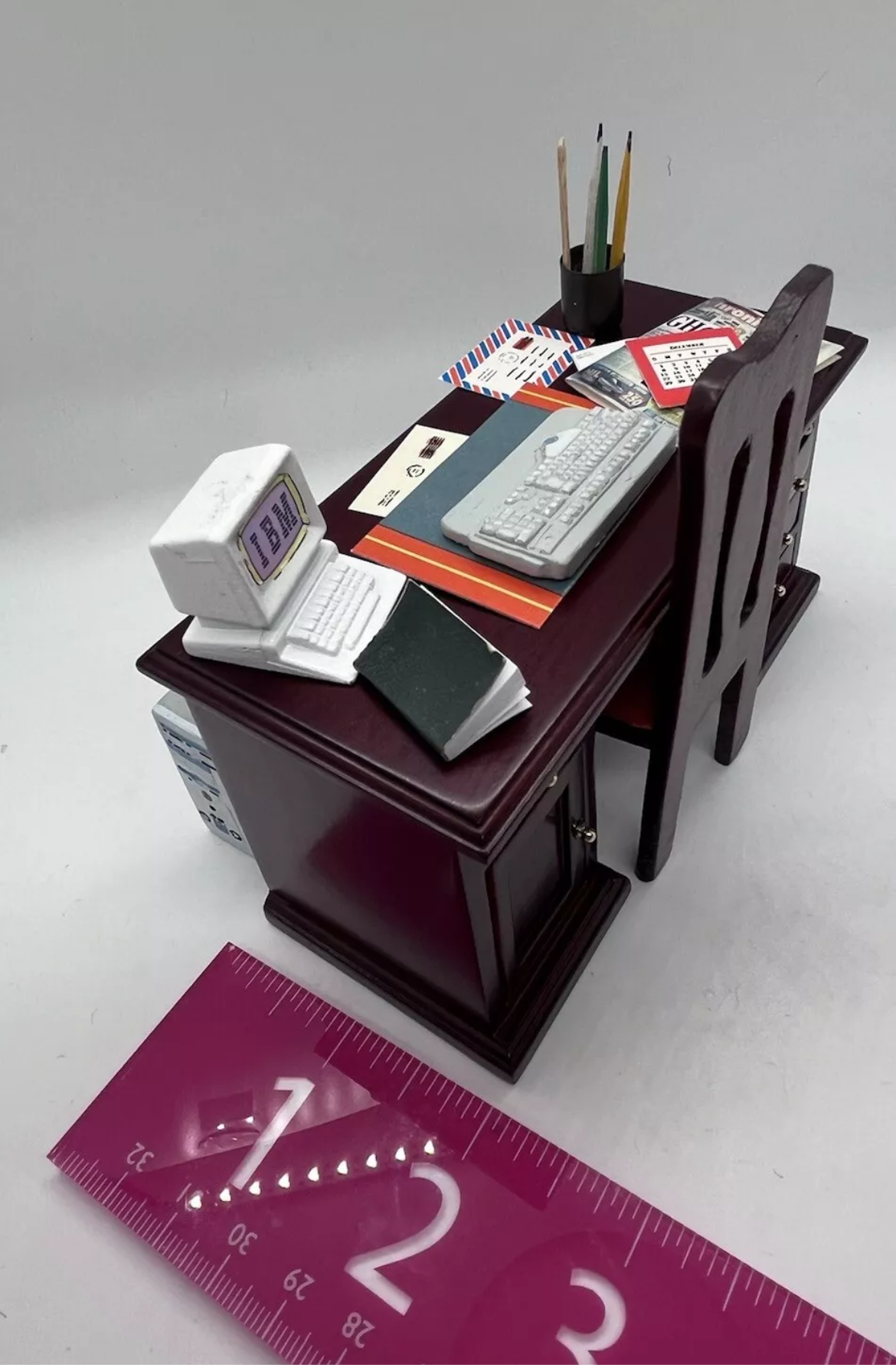 Dolls house desk, chair & all accessories.