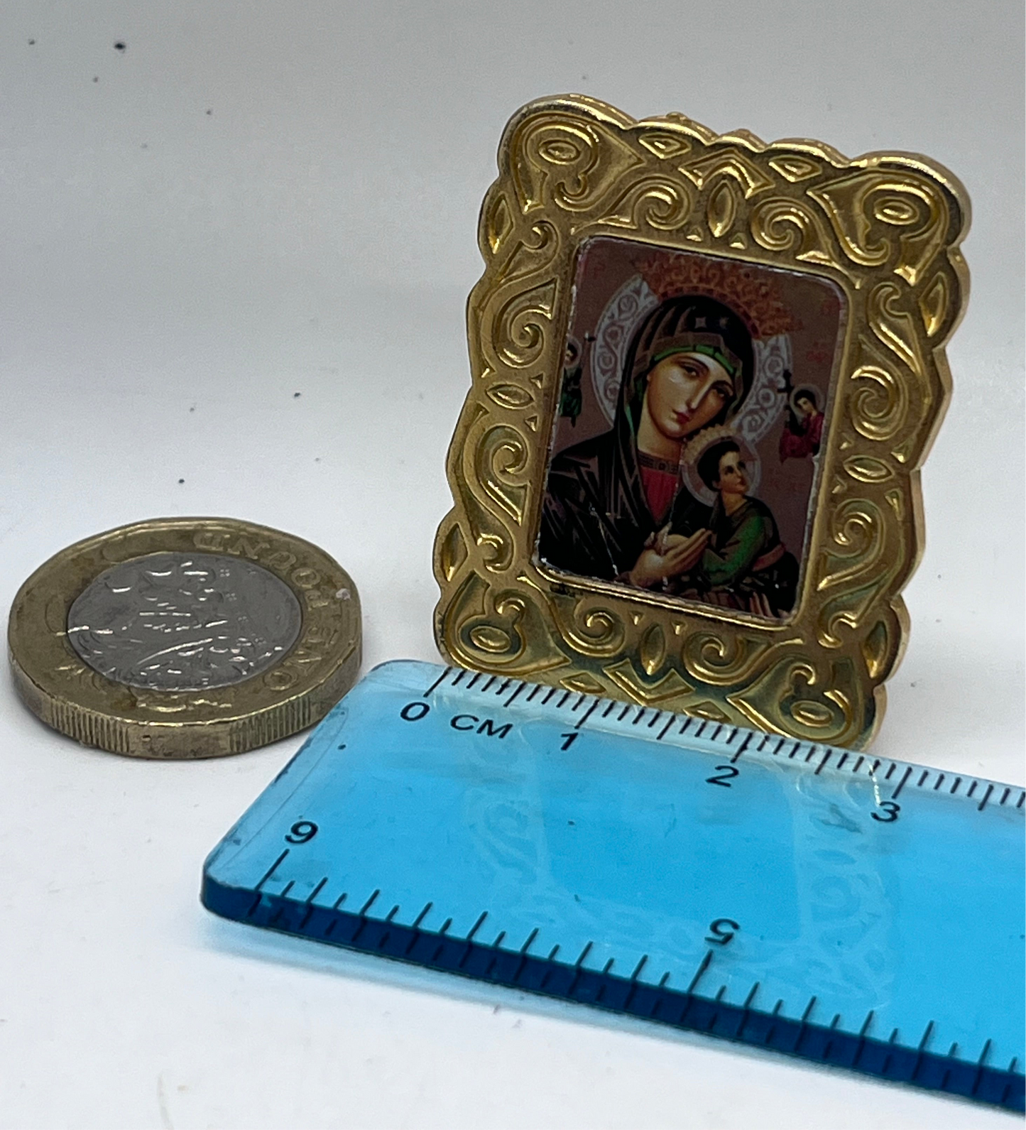 Dolls house metal framed religious print with stand