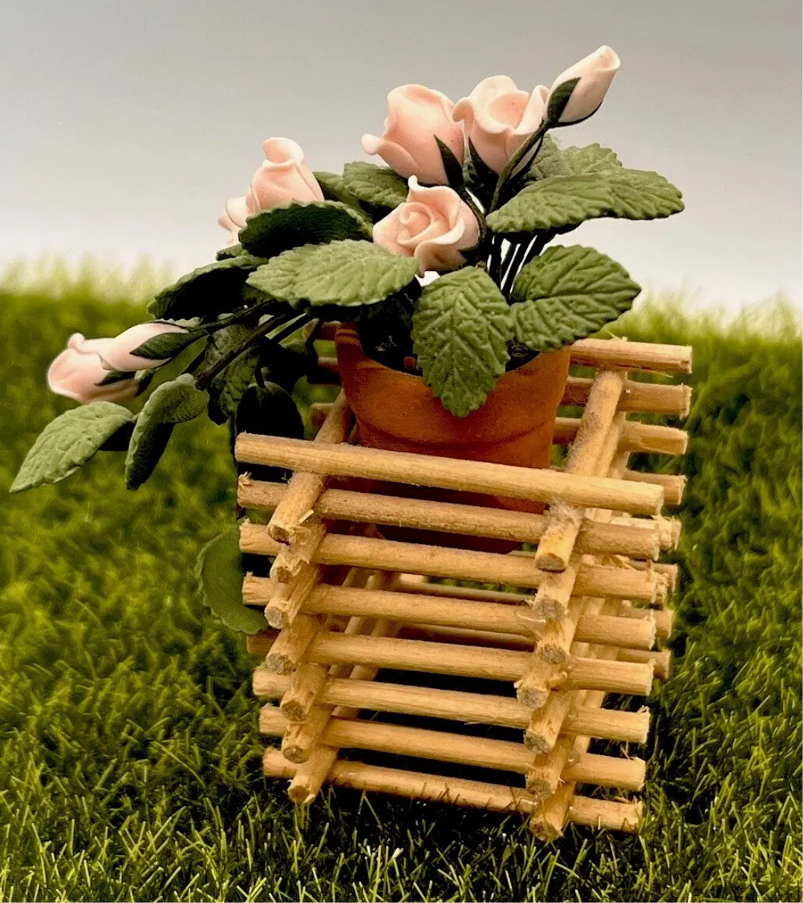 Dolls house wooden planter and flowers