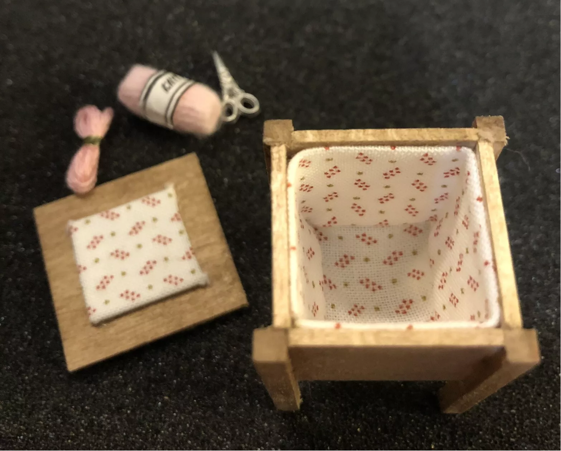 Dolls house artisan handmade sewing box and accessories
