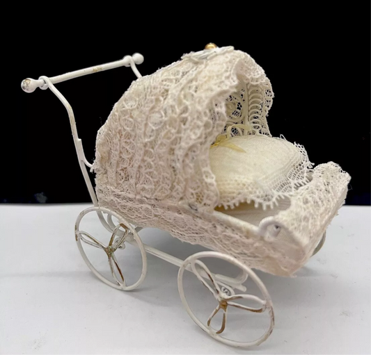Dolls house metal pram and bedding