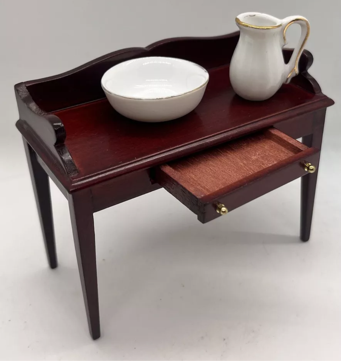 Dolls house wash stand with drawer & porcelain jug and wash bowl
