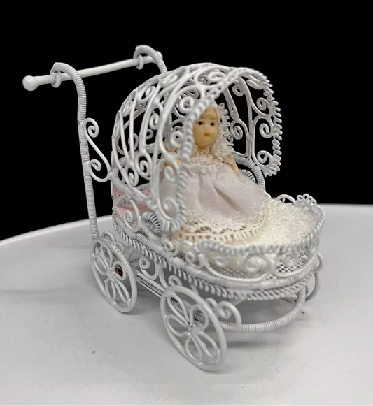 Dolls house metal white wire pram and baby.