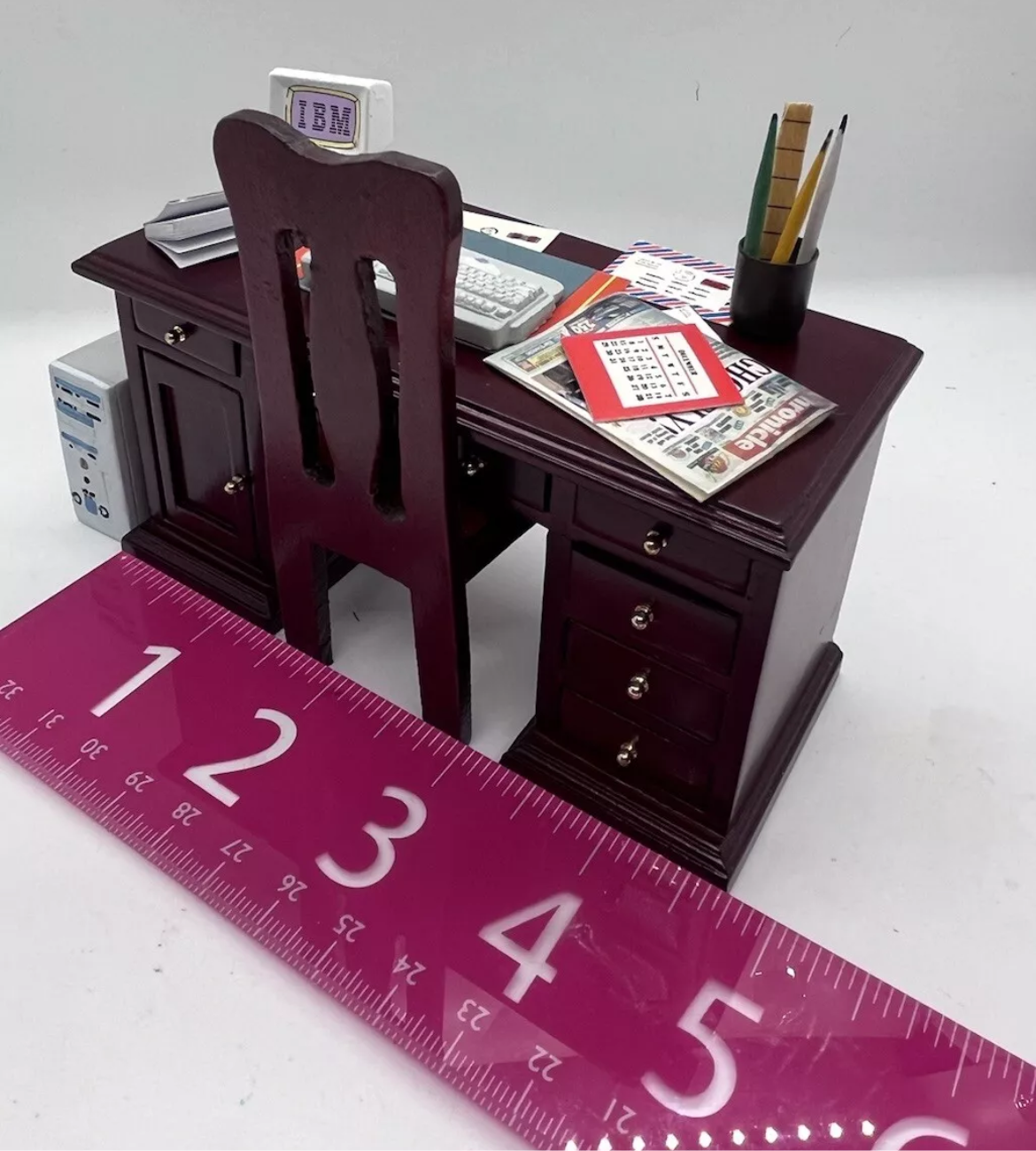 Dolls house desk, chair & all accessories.
