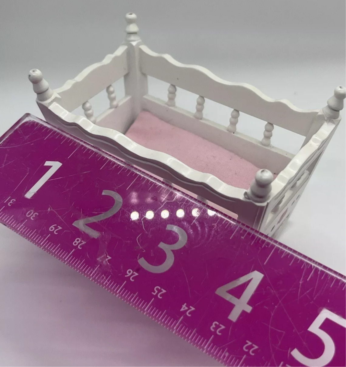 Dolls house white rocking crib cot