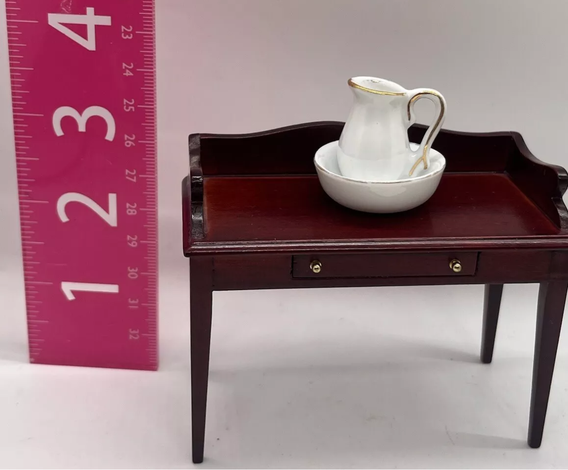 Dolls house wash stand with drawer & porcelain jug and wash bowl