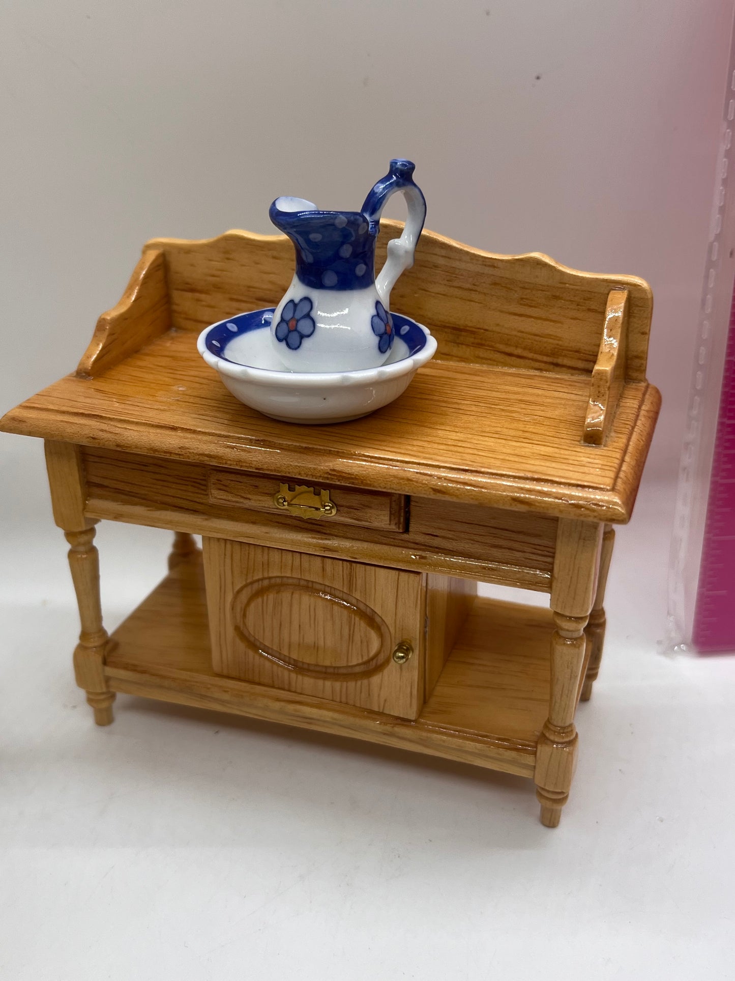 Dolls house washstand with drawer, porcelain jug and washbowl
