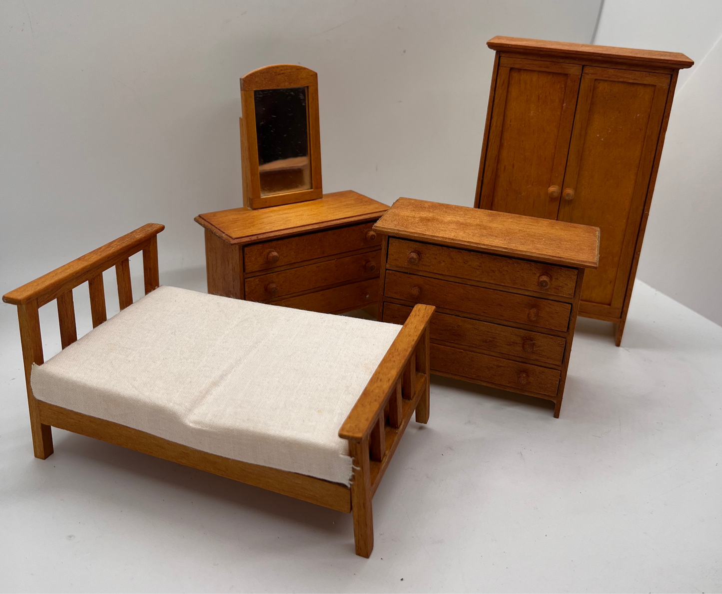 Dolls house bedroom set Wartime? Handmade? Single bed.