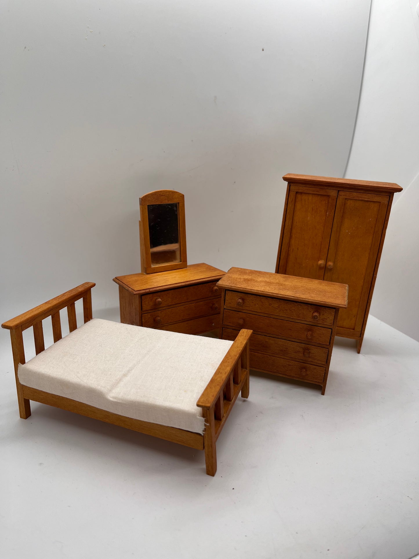 Dolls house bedroom set Wartime? Handmade? Single bed.