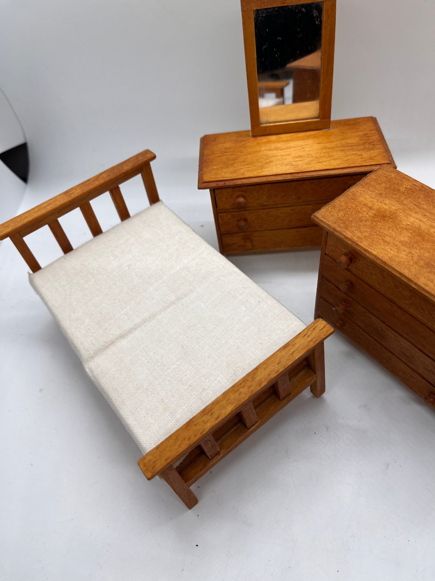 Dolls house bedroom set Wartime? Handmade? Single bed.