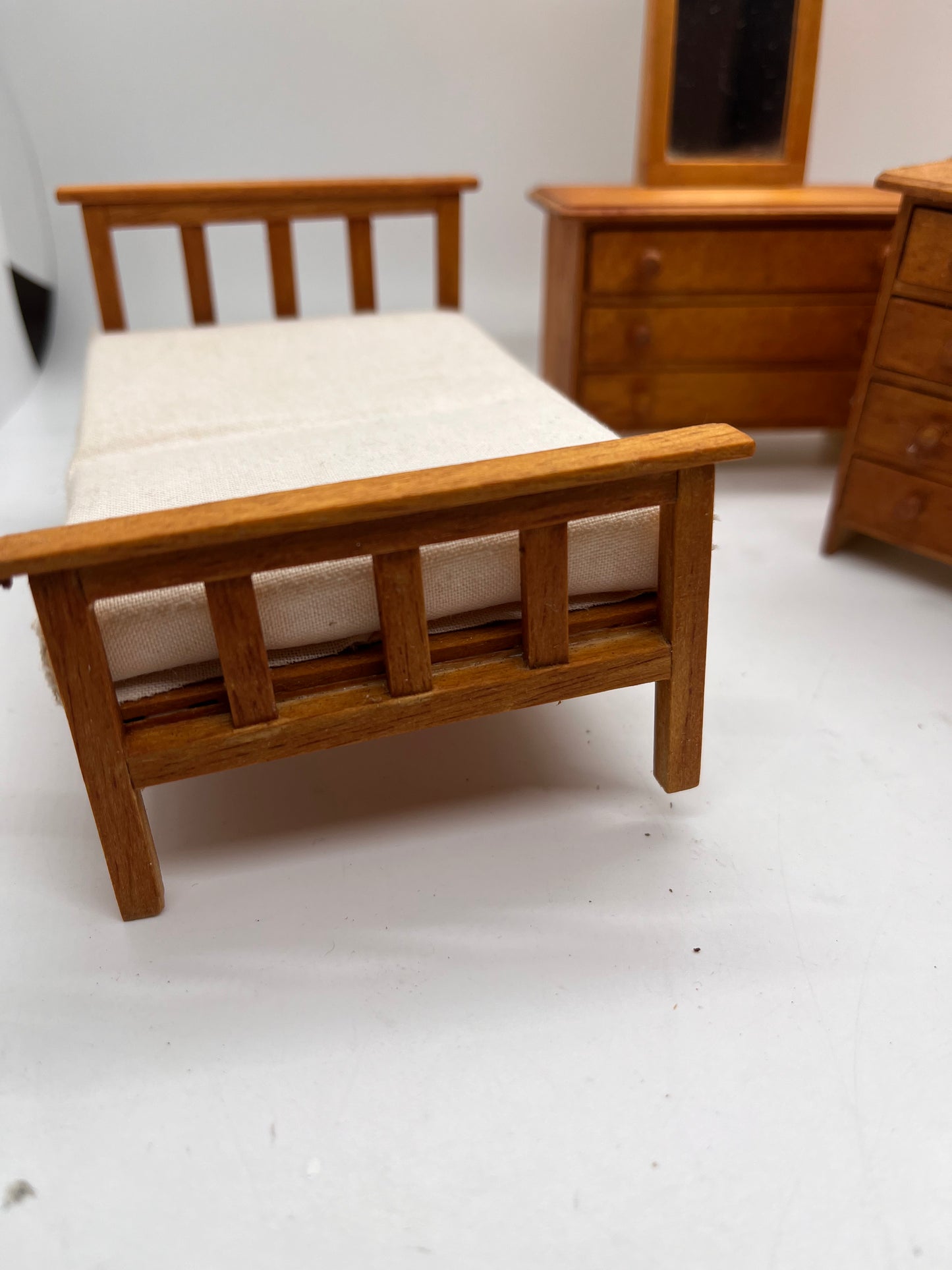 Dolls house bedroom set Wartime? Handmade? Single bed.